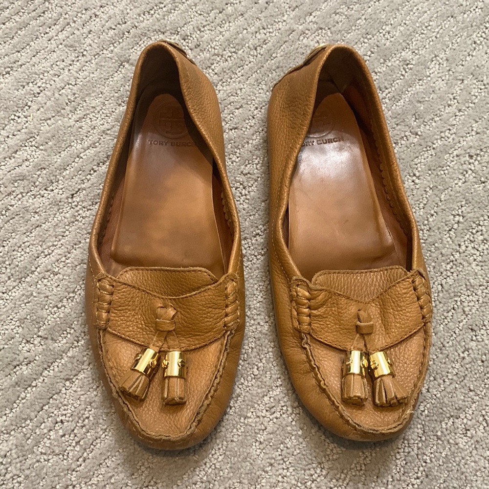 Tory Burch Brown Leather and Gold Tassel Loafers Size 9